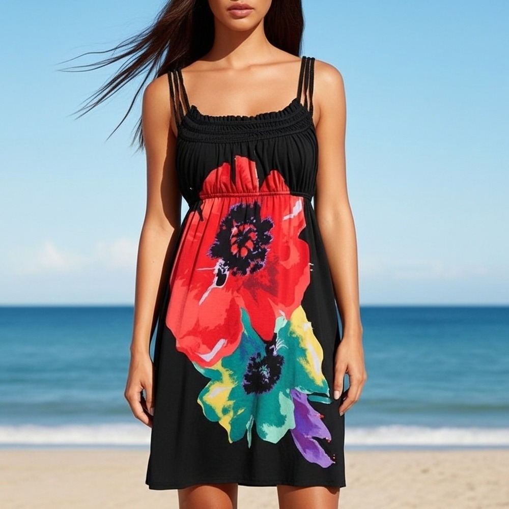 Moa Moa Large Womens Dress Floral Black Sleeveless Stretch Cami Mini Beach Y2K